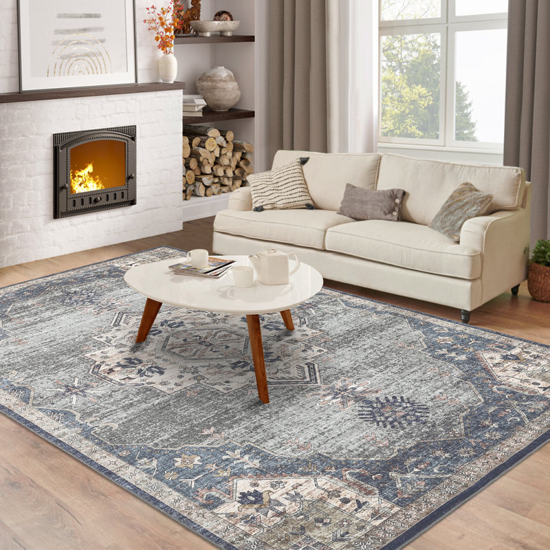 Tapis lavable à la machine Vintage, Bleu, Rectangle 5 pi x 7 pi