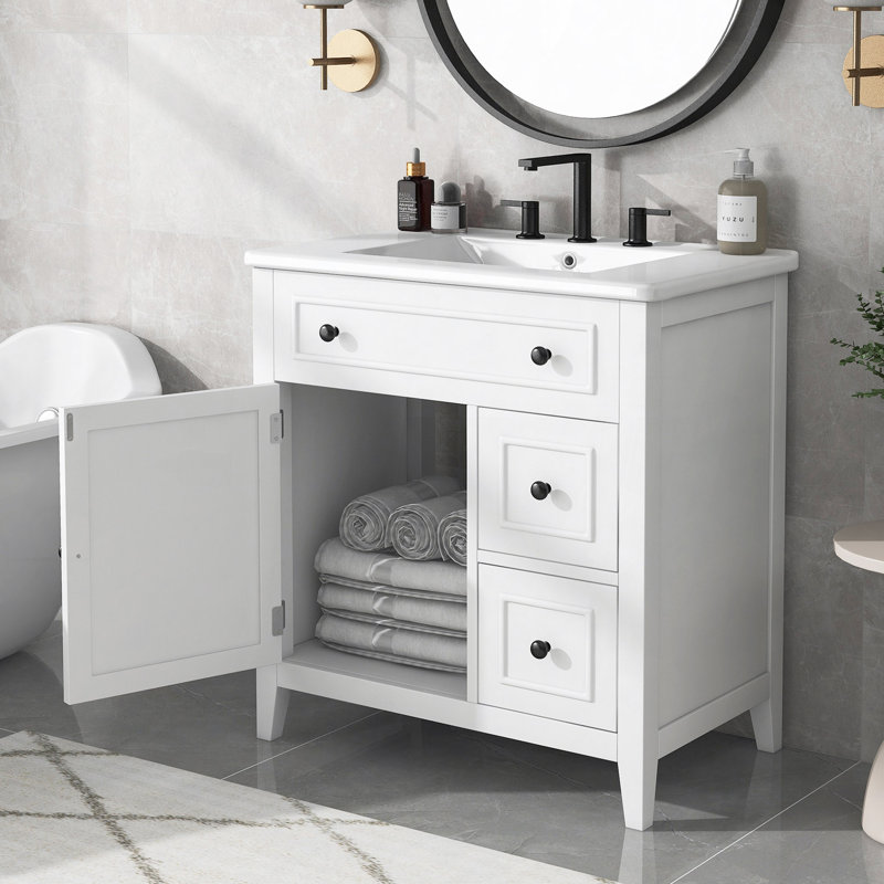 Meuble-lavabo avec comptoir, meuble-lavabo avec porte et deux tiroirs, structure en bois massif, un paquet