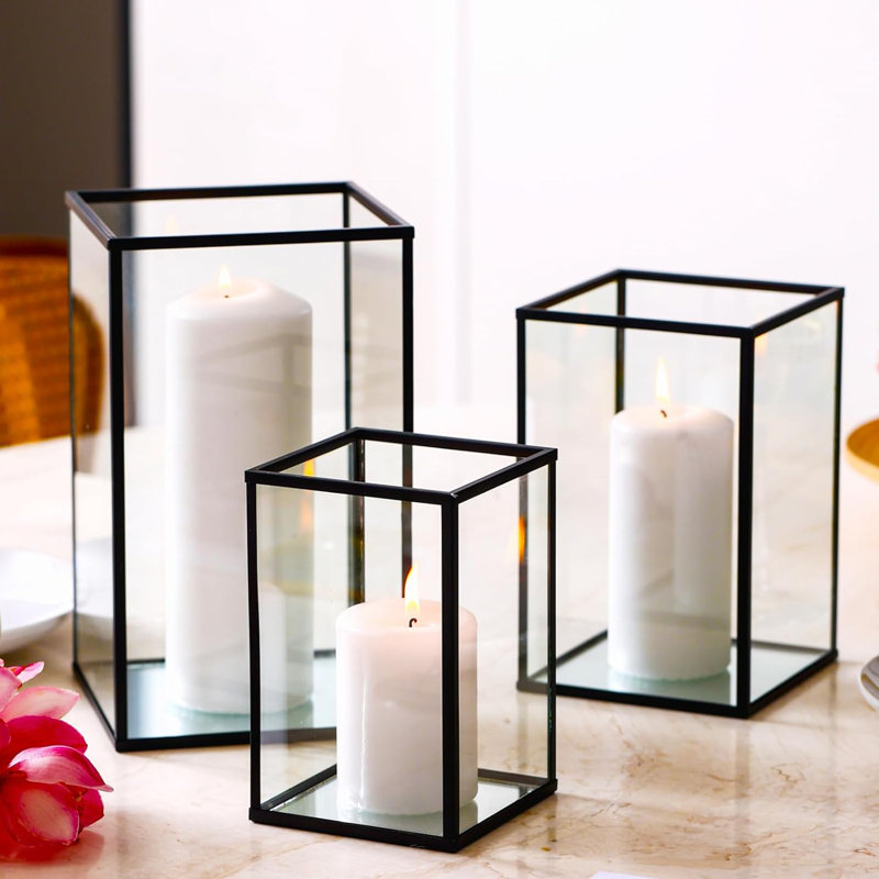 3-piece Black Glass Hurricane Candle Holder Set