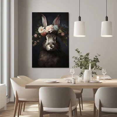 1Pc Easter Framed Canvas Poster Print Rabbit Portrait, Floral Wreath, Classical Realistic Style Wall Art - Ready To Hang - Modern Christian Decor, Perfect for Room Decor Living Room Bedroom Office Religious Home Decor, Bible Art