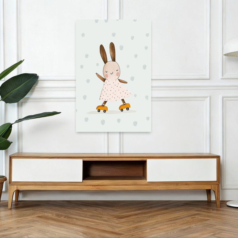Happy Skating Bunny Playful Whimsical Contemporary Rabbit Forest Wall Art Print 1 Piece Wrapped Canvas Wall Art