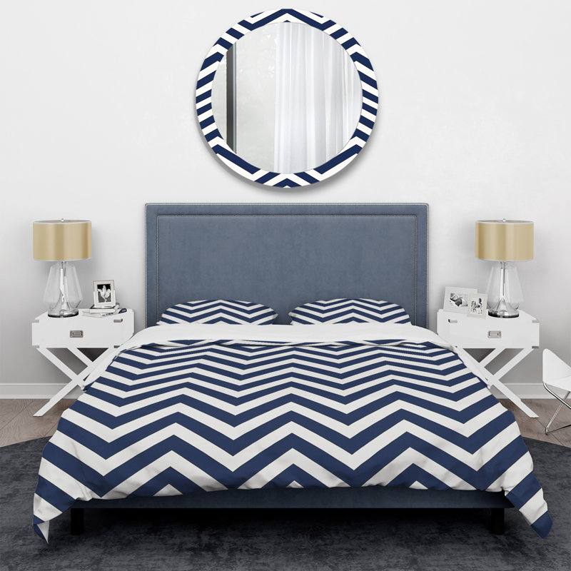 Ensemble de housse de couette à chevrons bleu et blanc, Housse de couette simple + 2 taies décoratives st