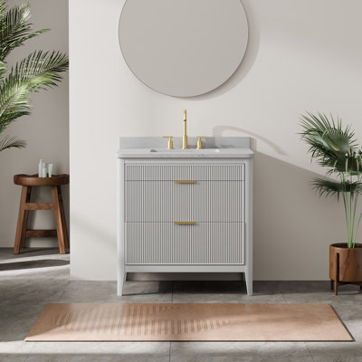 Meuble-lavabo autoportant de 36 po avec 2 ensembles de poignées, façades de tiroir cannelées, plateau en marbre d'ingénierie et fabrication en bois massif - entièrement assemblé