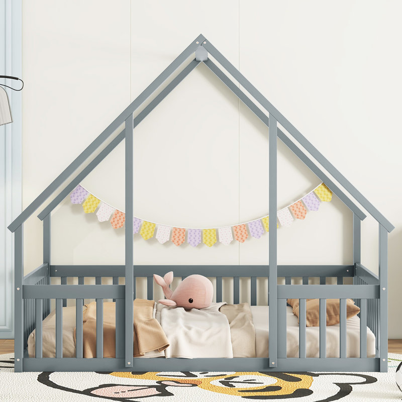 WoodNest House-Shaped Floor Bed with Guardrails, Gray, Full