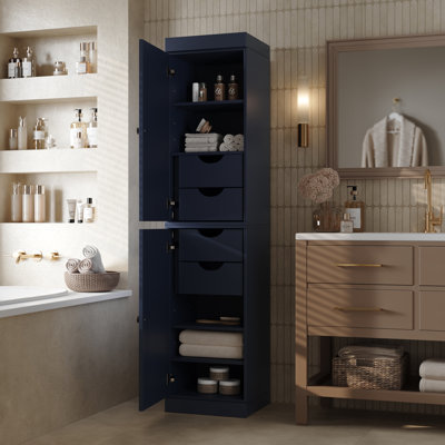 100% Solid Wood Bathroom Storage Cabinet, Shaker Doors, 4 Drawers, Adjustable Shelves, 16.5" Wide, 71.5" Tall