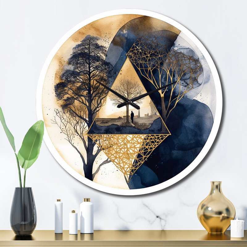 Abstract Landscape Of Mountains Moon And Tree III Metal Wall Clock, Large