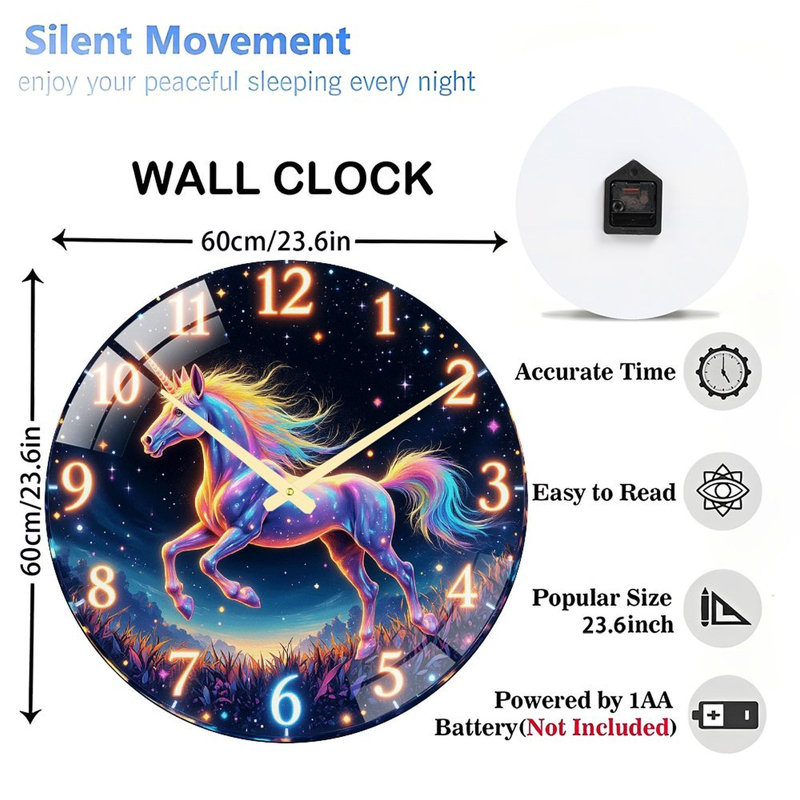 Rainbow Unicorn Clock Art - 24‘’ Modern Glass Wall Clock
