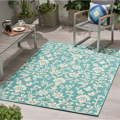 Tapis d'extérieur 5 pi 3 po x 7 pi, art botanique bleu, 100% polypropylène, tissé à la machine, tapis d'une hauteur de poils de 4 mm 5 pi 3 po x 7 pi, image, matériau en polypropylène, tissé à la machine, épaisseur 0,16 po