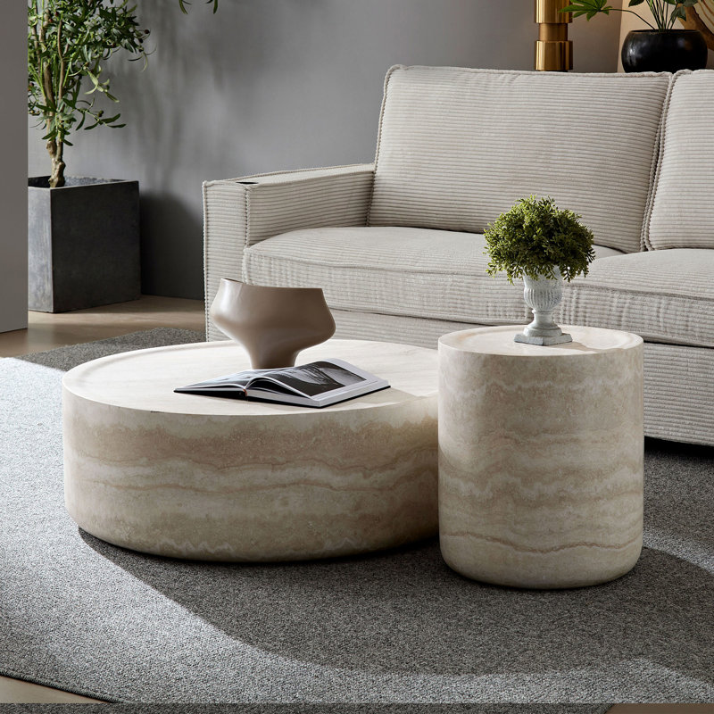 De 2 tables basses et tables d'appoint modernes en fausse texture, formes rondes en fibre de verre, sans assemblage, 2 grandes tables de rangement, pour la maison, ajout élégant