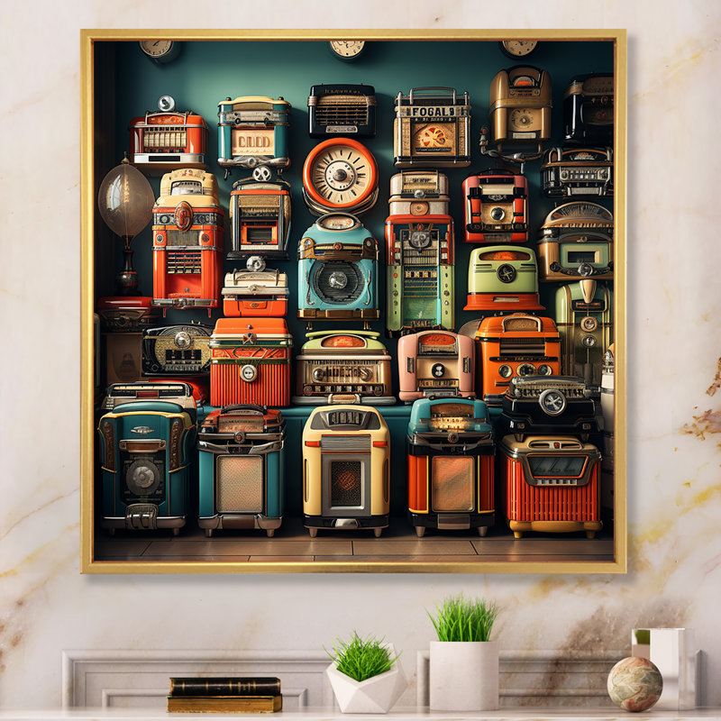 Nostalgic jukebox Tunes 2 - Jukeboxes, art mural, Cadre flottant doré, H 16 po x l 16 po x P 1 po