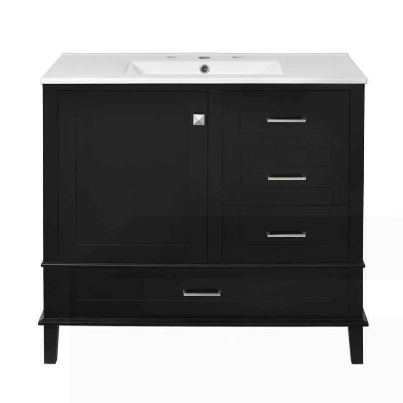 Meuble-lavabo 36 po avec cadre en pin massif, Noir, Argent argent