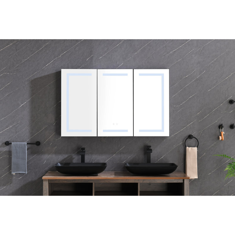 Armoire de toilette avec miroir 48 po x 30 po avec lumières, gradateur, horloge, affichage de la température et plateau mural en aluminium noir mat