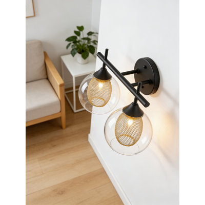 Farmhouse Wall Sconce Lighting With Clear Glass And Honeycomb Metal Shade, Black And Gold Vanity Light For Bathroom Over Mirror
