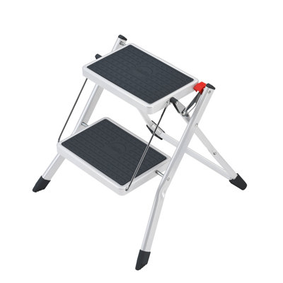 Mini escabeau en acier Hailo Mk60 - deux grandes marches antidérapantes, capacité de 330 lb - bouton de déverrouillage de sécurité, poignée de transport - rangement facile