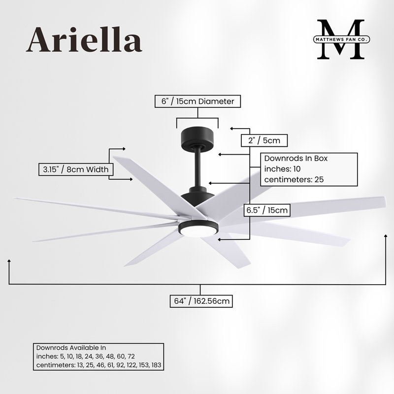 Ariella - Eight Blade Ceiling Fan - Integrated LED - Matte Black Finish - Matte White Blades, Matte Black, Matte White
