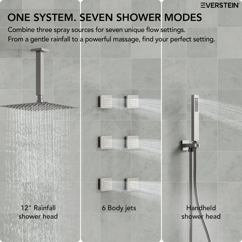 Système de douche thermostatique à effet pluie de 30 cm (12 po) à montage au plafond, avec 6 jets corporels et douchette à main