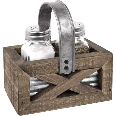 Autumn Alley Wooden Barn Door Salt & Pepper Caddy with Handle|Glass Shakers