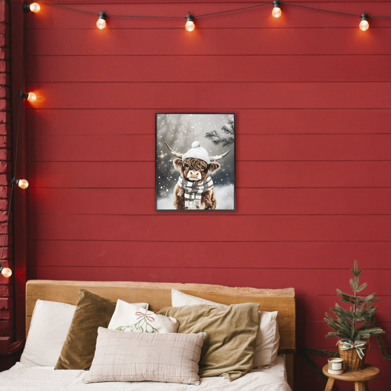 Cozy Winter Highland Calf, estampe numérique, design par Arlington Prints, H 20 po x l 16 po, Giclée encadrée noir minuit