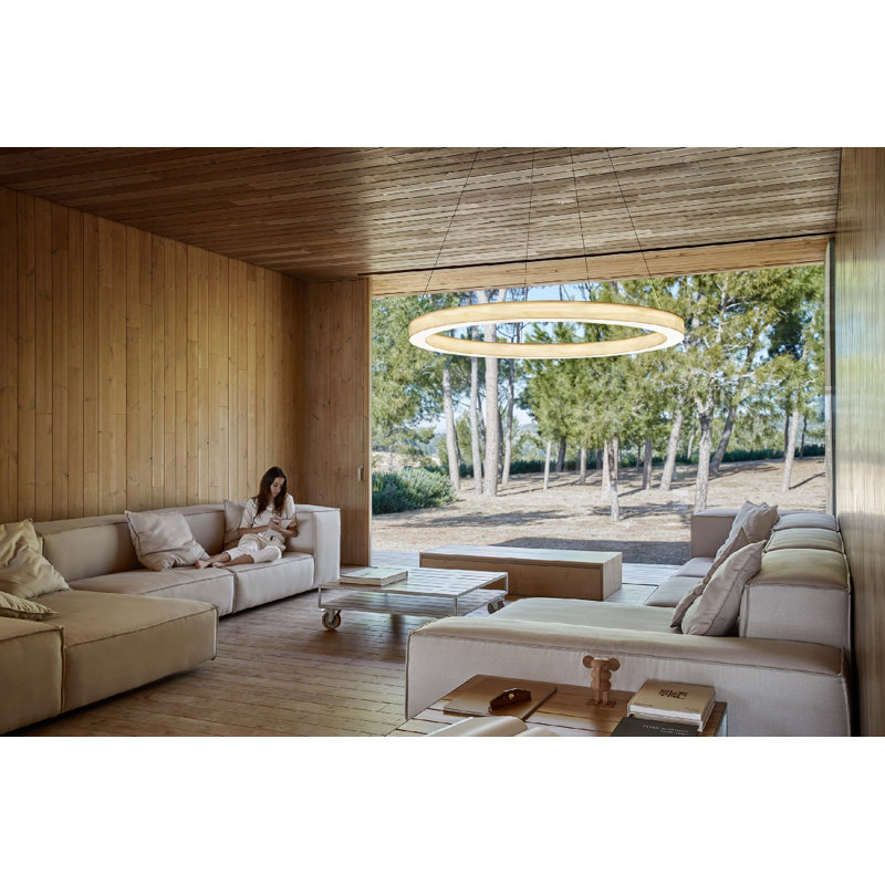 Oh! Line 1 - Light LED Chandelier, Matte Black, Natural Cherry, 2" H x 23.6" W x 23.6" D