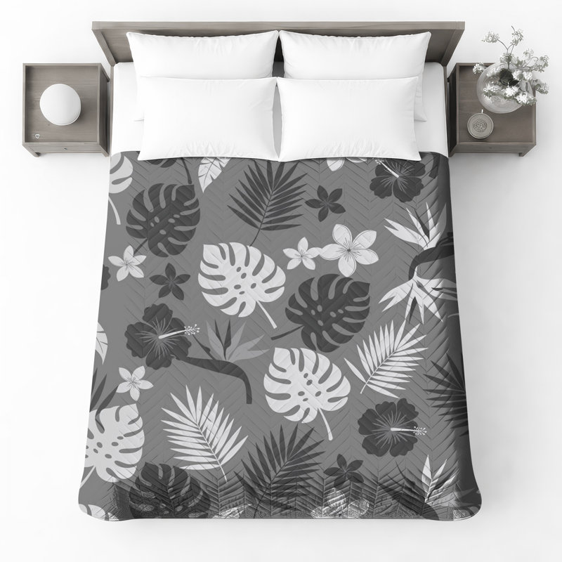Monochrome Tropical Leaves Quilted Thin Bedspread, Twin