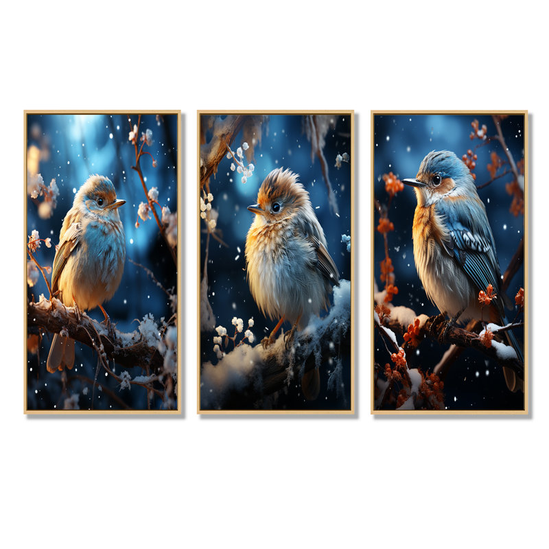 «Blue Bird In Winter Serenity I», ensemble de 3 reproductions d'art mural, Cadre flottant brun, H 40 po x l 60 po