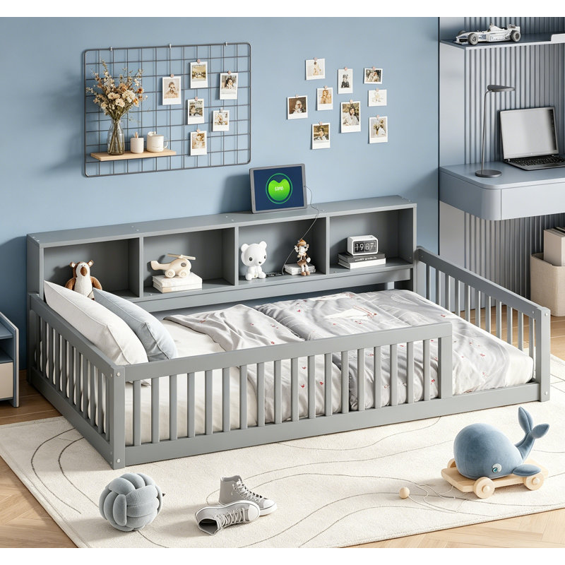 Lit en bois simple TG avec armoires de rangement et ports USB, gris, conception compacte pour les chambres modernes