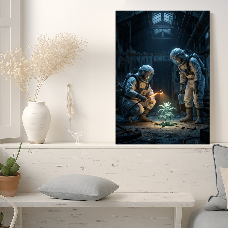 Toile rougeoyante en béton fissuré avec figurines en combinaison de protection, art mural, 24"H x 16"W