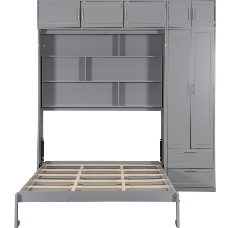 Grand lit mural avec garde-robe latérale, tablettes supérieures et tiroirs de rangement pour l'armoire supérieure pour petites maisons