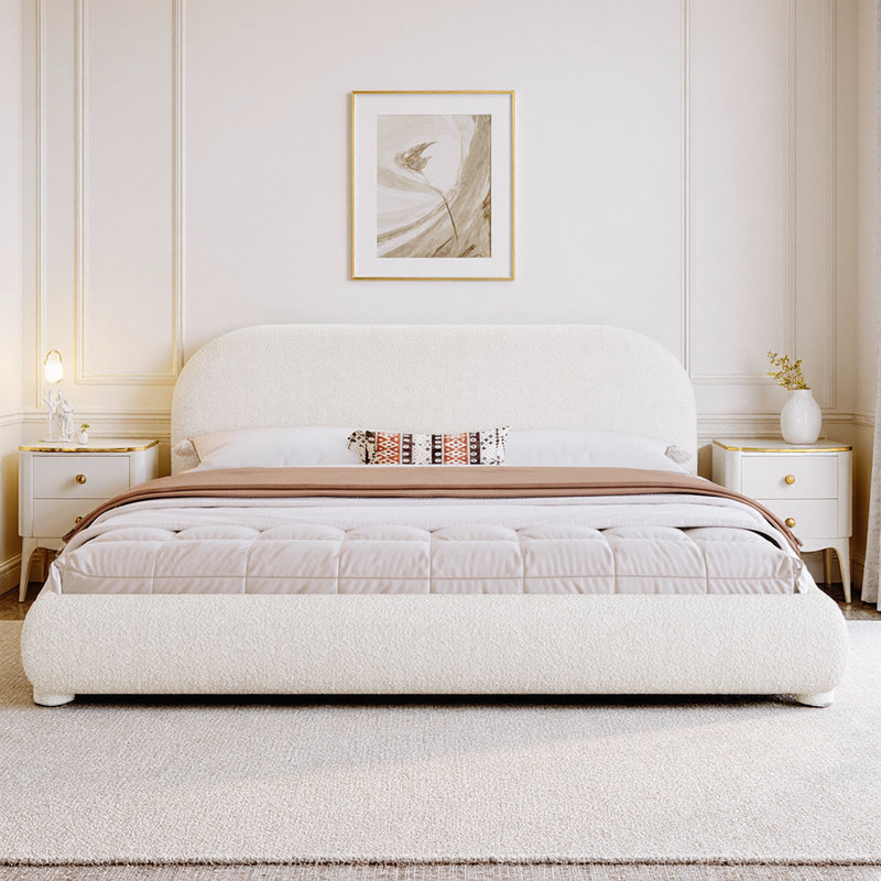Très grand lit plateforme en velours avec tête de lit courbée très grand, Très grand lit, Beige