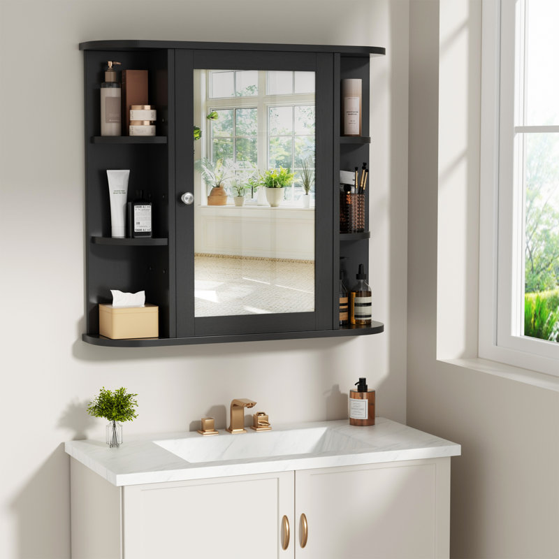 Bathroom Mirror Cabinet With Ample Storage Shelves, Black