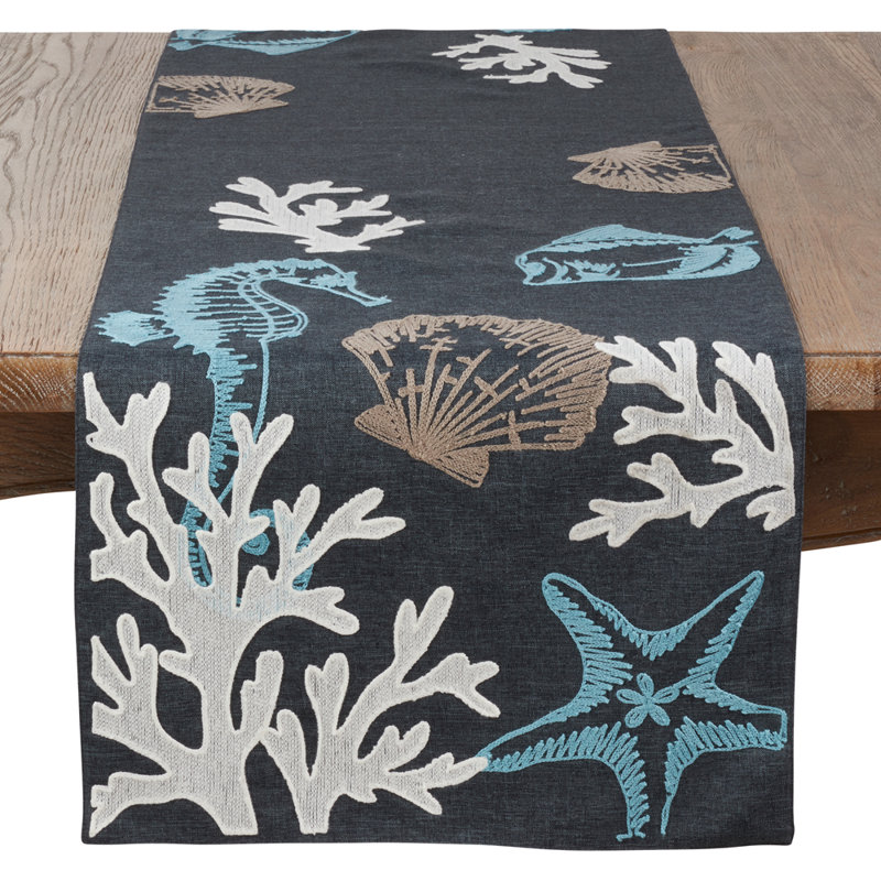 Navy Blue Coastal Sea Life Embroidered Table Runner, 70" L x 16" W