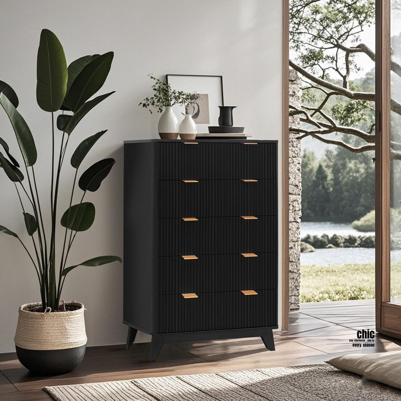 Fluted 5 Drawer Dresser, 48" Tall Wood Chest of Drawers, Curved Edge Modern Storage Cabinet for Bedroom, Living Room, Entryway, Black