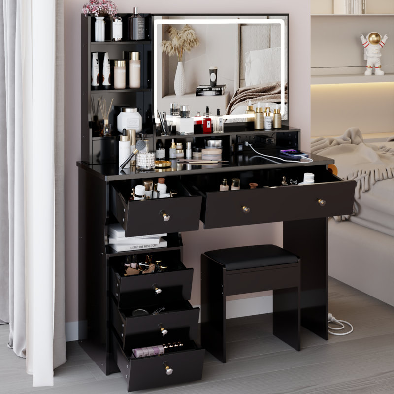 Table de coiffeuse 41 "avec miroir à DEL et rangement pour grand espace
