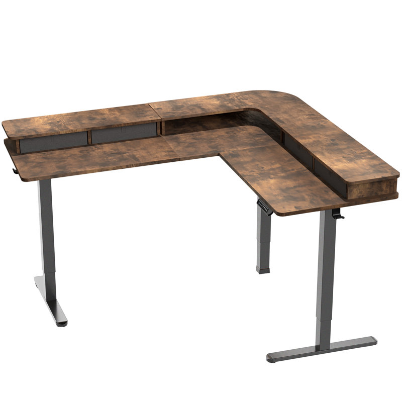 VIVO 2-Tier Electric 63" x 55" Corner Desk, DESK-E3CVB Series, Brown/Black