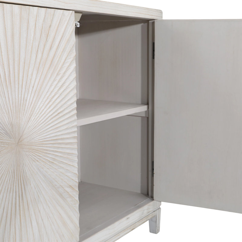 Zaen 79-inch Pine Light Wash 4-Door Sideboard with Hand Carved Burst Pattern Door Fronts