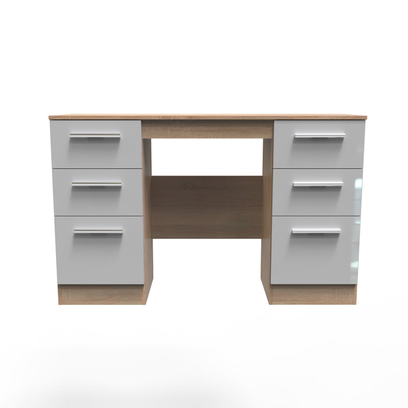 Bhaga 6 Drawer Kneehole Desk  (Ready Assembled), Grey Matt/Bardolino Oak