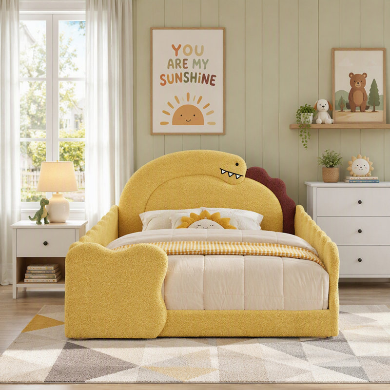 Lit mignon en forme de dinosaure avec barrières de sécurité, cadre en bois massif et tissu bouclé pour chambres d'enfants
