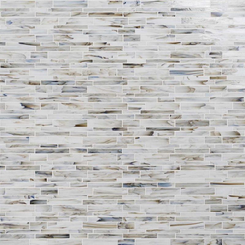 Matchstix 11x11 Brick Polished Glass Mosaic Tile, Aura White