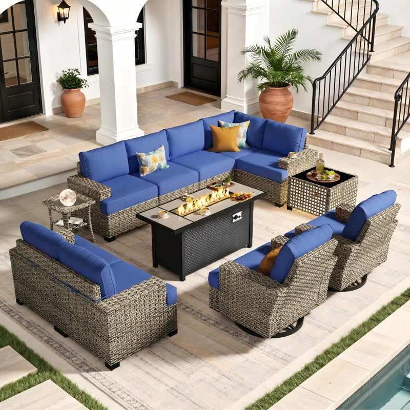 Ensemble de conversation modulaire d'extérieur en osier pour 9 personnes avec chaises berçantes pivotantes et table de foyer d'extérieur