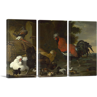 Yard with Rooster and Hens and Chicks 1670 by Melchior d-Hondecoeter - 3 Piece Wrapped Canvas Painting Print Set -  ARTCANVAS, HONDEC17-3S-60x40