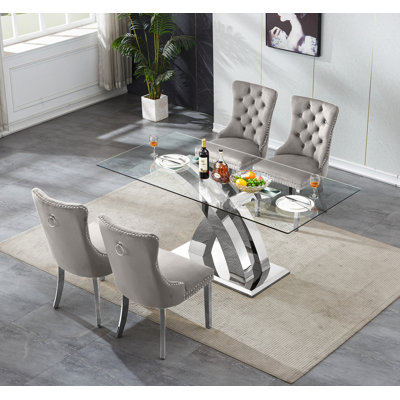 Glass Dining Table Set with Upholstered Dining Chairs, 70" Rectangle Kitchen Table and Chair Set, Clear Glass Dining Room Table Set, Modern Home Kitchen Furniture
