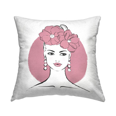 Coussin décoratif d'extérieur imprimé Pink Lady Portrait par Martina Pavlova