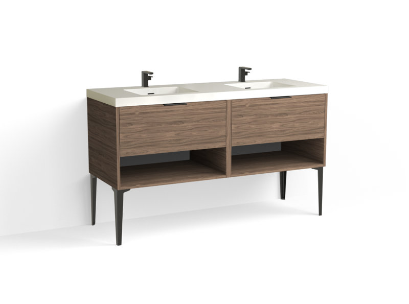 Modo 60" W Freestanding Double Bathroom Vanity with Dean Leg, Gloss White/8" Widespread, Nocino, Matte Black