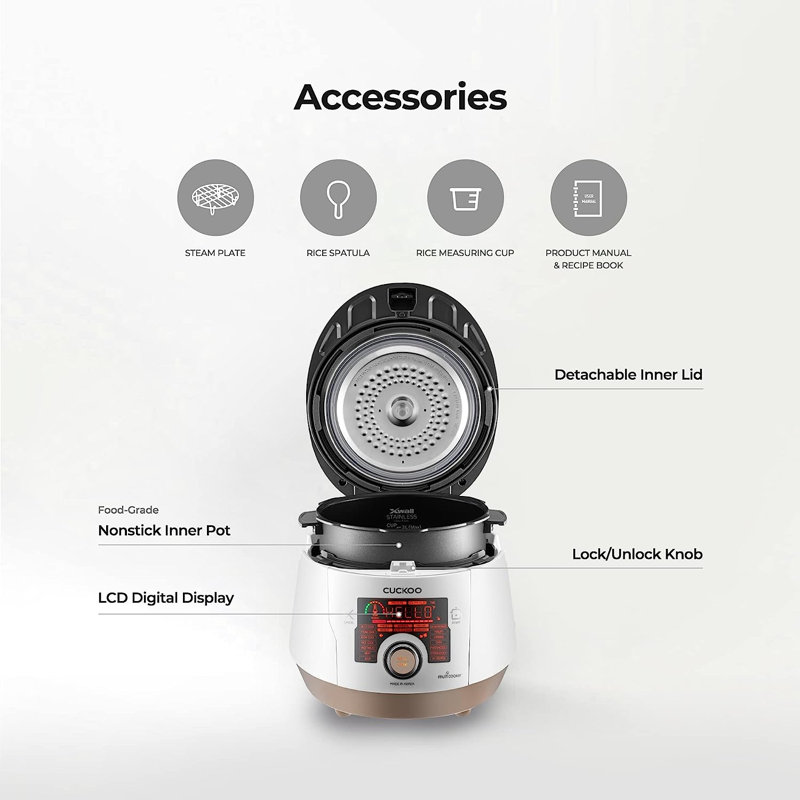 CUCKOO Multi Pressure Cooker, CMC-ASB501F, A50 Premium Series 8 in 1 (Pressure, Slow, Rice Cooker, Browning Fry, Steamer, Warmer, Yogurt, Soup Maker)18+ Smart Options, Stainless Steel, 5QT, GOLD/WHITE