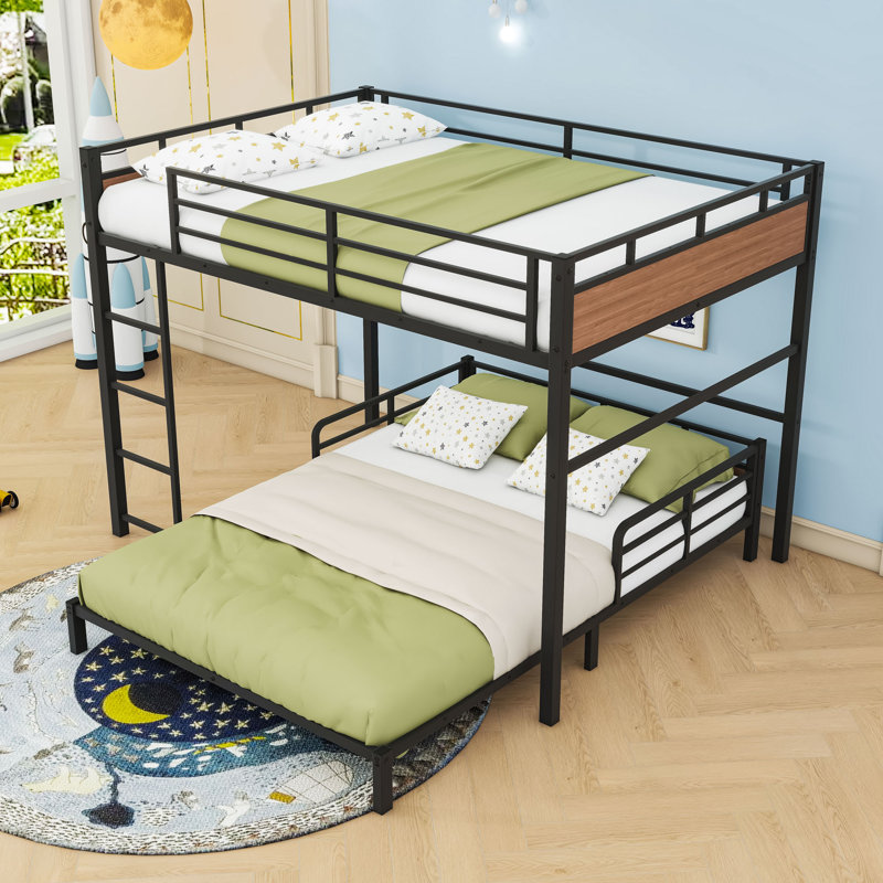 Metal Bunk Bed With Easy Convertibility And Ladder, Walnut, Full XL Over Full XL