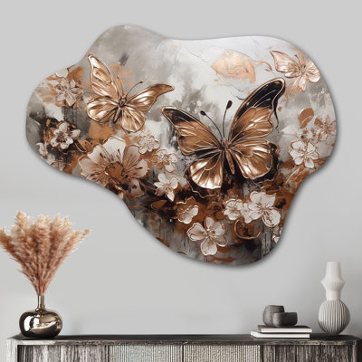 Rose Gold Butterfly Wings And Flowers I - Asymmetrical Floral Metal Wall Art, Cloud Metal Wall Sculpture Print