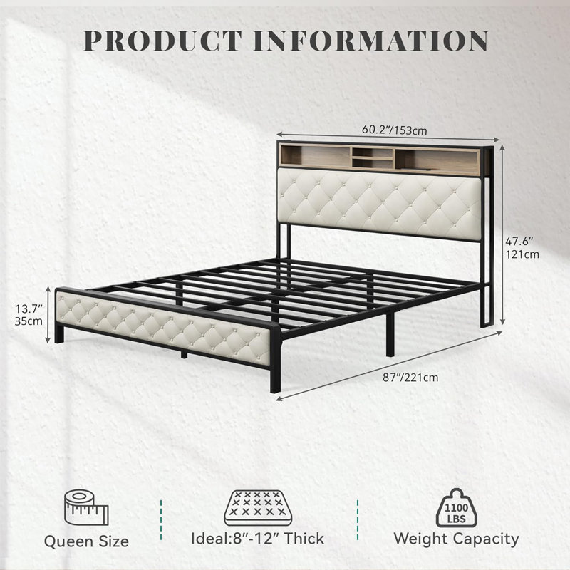 Queen Size Bed Frame, Platform Bed Frame with Charging Station, Upholstered Storage Headboard & Footboard Metal Slats Supports Mattress Foundation, No Box Spring Needed