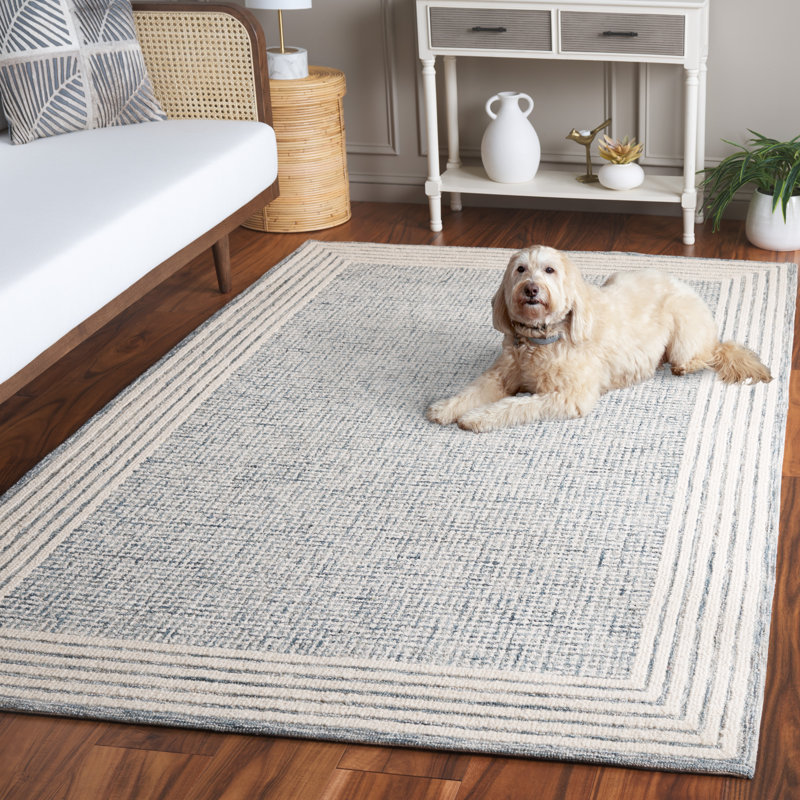 Kevionna Ebony Hand Tufted Wool And Cotton Bordered Rug, Rectangle 5' x 8'