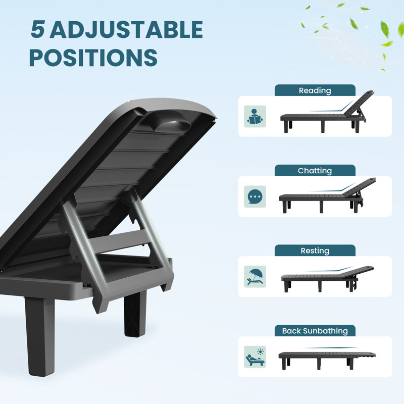 Black Resin Adjustable Outdoor Chaise Lounge Set with Cup Holders