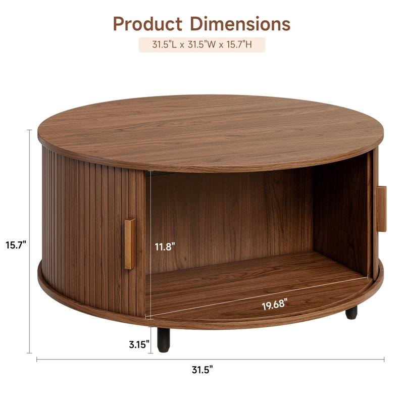 31.5" Modern Round Coffee Table With 360° Curved Sliding Door, Noyer